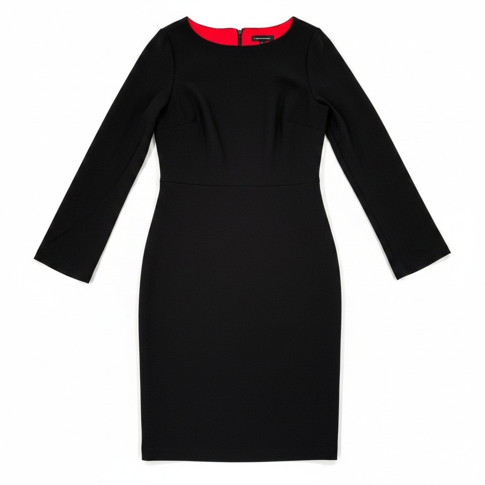 Halston Sheath Midi Dress Black Long Sleeve Stretch Crepe Back Slit Size 4